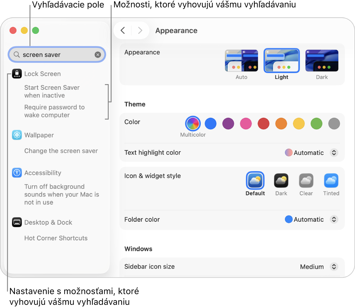 Okno Systémové nastavenia zobrazujúce text „screen saver (šetrič obrazovky)“ vo vyhľadávacom poli a zoznam zodpovedajúcich výsledkov vyhľadávania pod vyhľadávacím poľom.