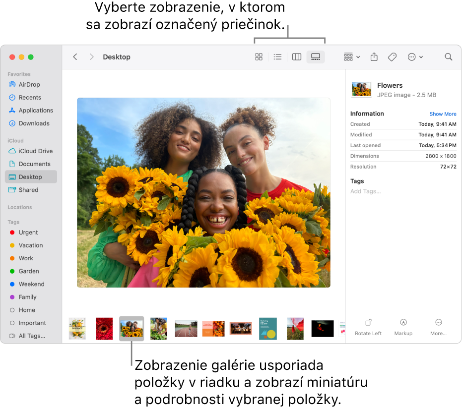 Okno Findera zobrazujúce postranný panel Findera na ľavej strane a označený súbor obrázka v spodnej časti okna. V strednej časti panel Náhľad zobrazuje ako vyzerá daný obrázok, pričom detaily obrázka a tlačidlá Rýchle akcie sú na pravej strane.