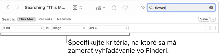 Okno Findera s poľami na zadanie kritérií vyhľadávania.