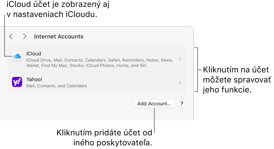 Nastavenia Internetové účty so zoznamom účtov, ktoré sú nastavené na Macu.