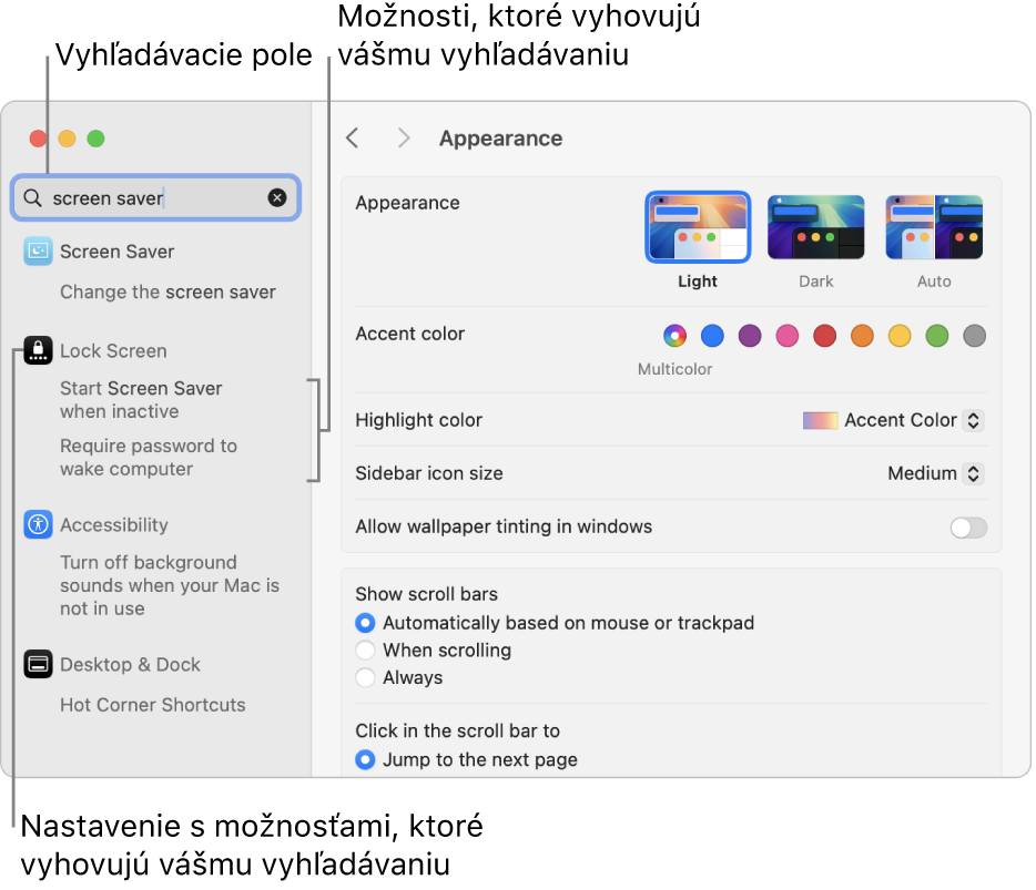 Okno Systémové nastavenia zobrazujúce text „screen saver (šetrič obrazovky)“ vo vyhľadávacom poli a zoznam zodpovedajúcich výsledkov vyhľadávania pod vyhľadávacím poľom.