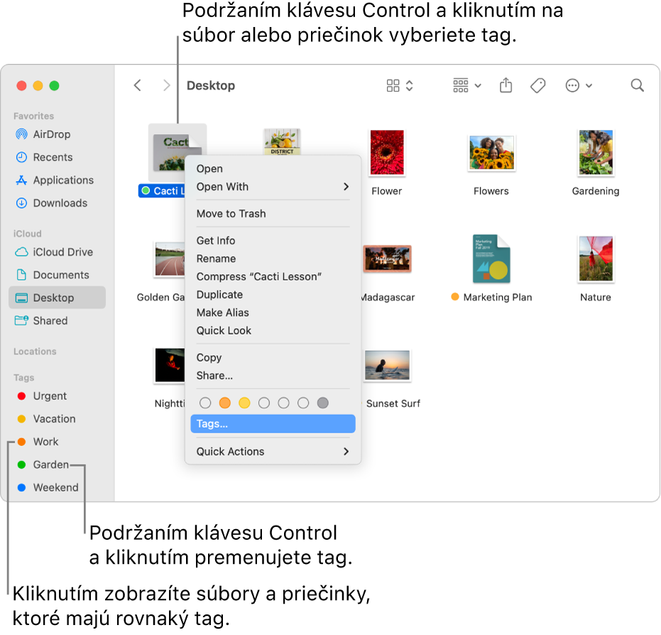 Okno Findera obsahujúce súbory a priečinky so značkami, s jedným vybratým súborom. V menu skratiek sú k dispozícii farebné možnosti pre značky a je zvýraznená položka Značky.