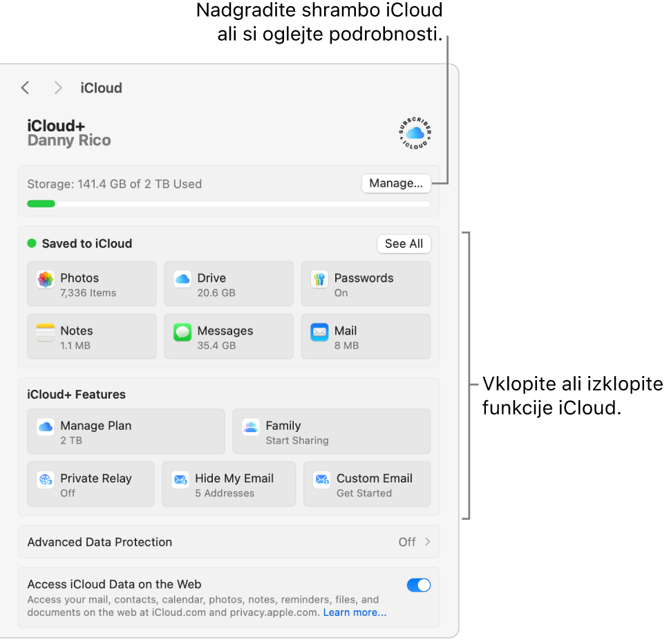 Nastavitve storitve iCloud, v katerih so vklopljene vse funkcije.