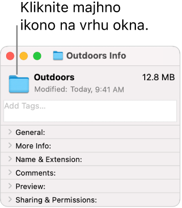 Okno z informacijami za mapo, ki prikazuje splošno ikono za izbrano mapo.