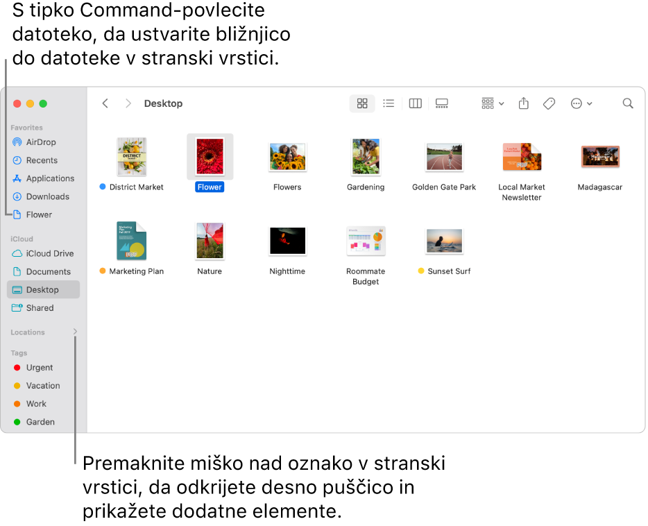 Desno od razdelka Lokacije v stranski vrstici aplikacije Finder je puščica, ki jo lahko kliknete za prikaz dodatnih elementov. Na desni strani okna aplikacije Finder je izbrana datoteka, v stranski vrstici pod razdelkom Priljubljeno pa je bližnjica do datoteke.