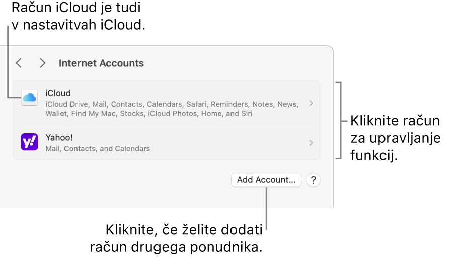 Razdelek nastavitev Internetni računi z navedenimi računi, nastavljenimi v Macu.