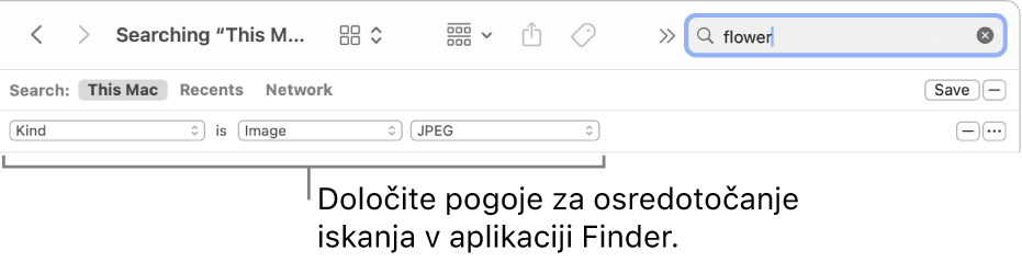 Okno aplikacije Finder, ki prikazuje okna za določanje meril iskanja.