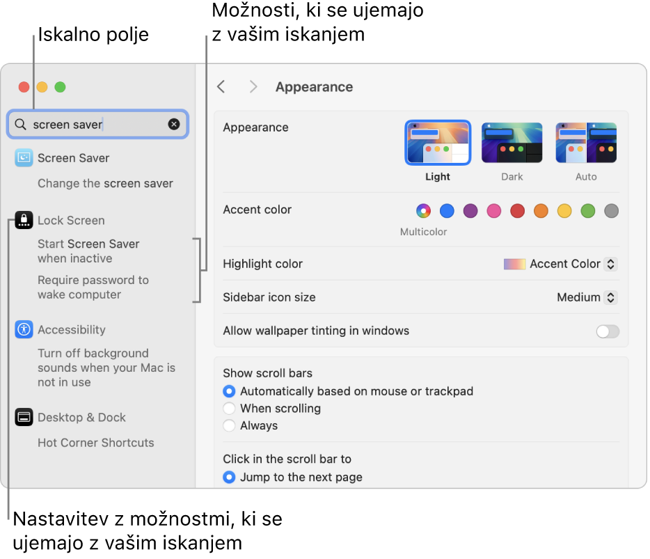 Okno Nastavitve sistema, ki v iskalnem polju prikazuje frazo »ohranjevalnik zaslona«, pod katero je seznam rezultatov iskanja.