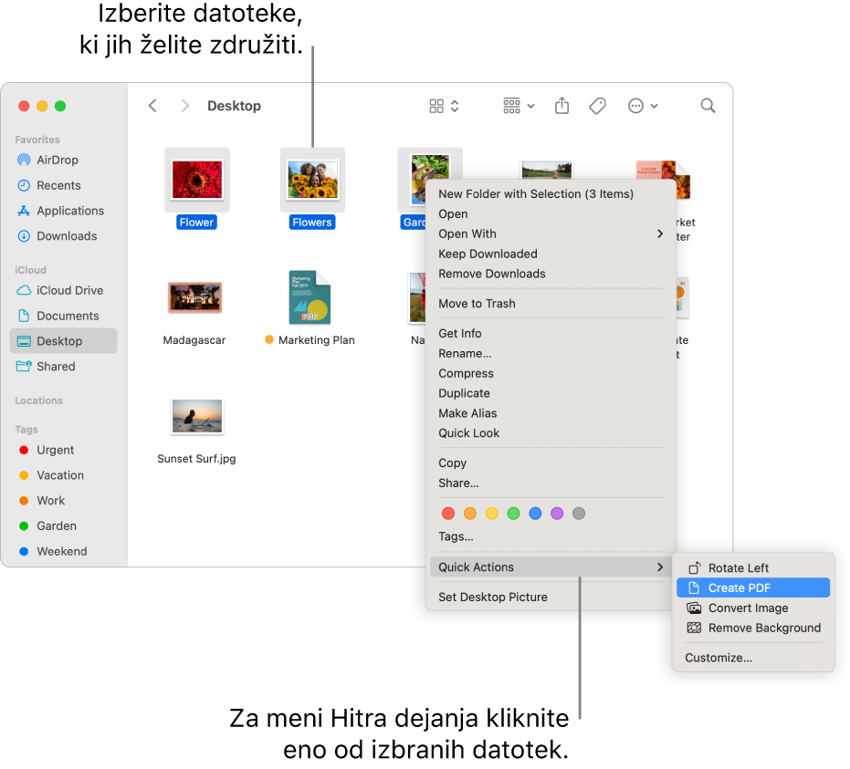 Okno aplikacije Finder z datotekami in mapami, na katerem so izbrane tri datoteke in je v meniju Hitra dejanja označena možnost Ustvari PDF.
