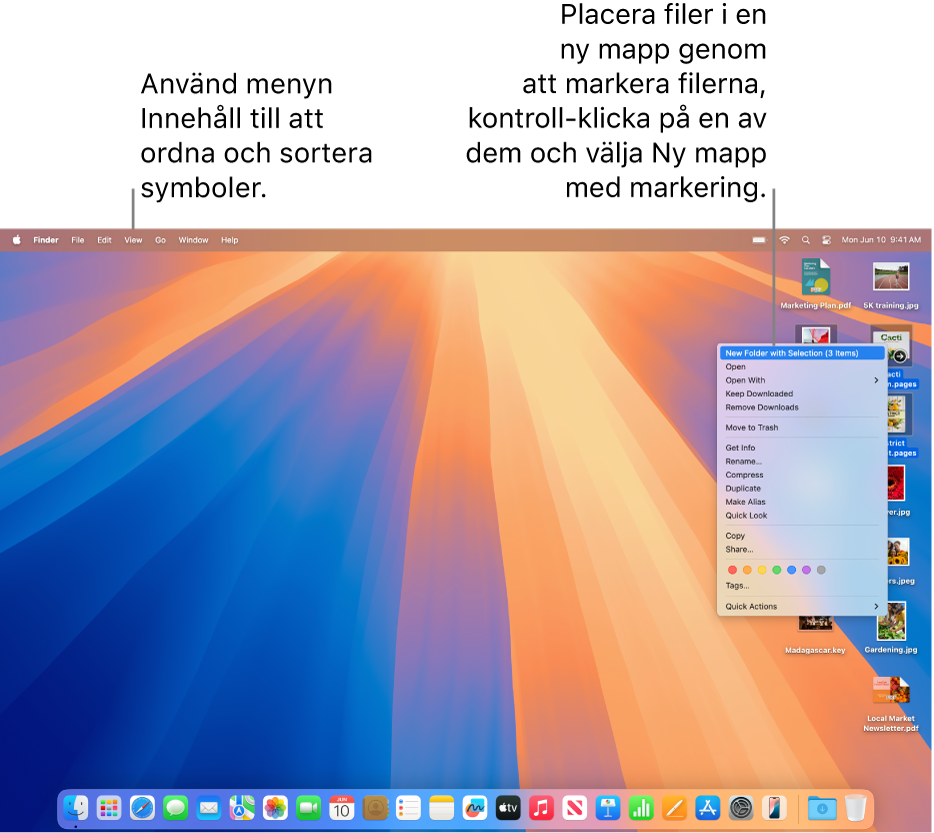 Ett skrivbord med filer och mappar. Flera filer har markerats och ska placeras i en ny mapp. Ett kontroll-klick på en markerad fil öppnar en popupmeny. Ny mapp från markering väljs.