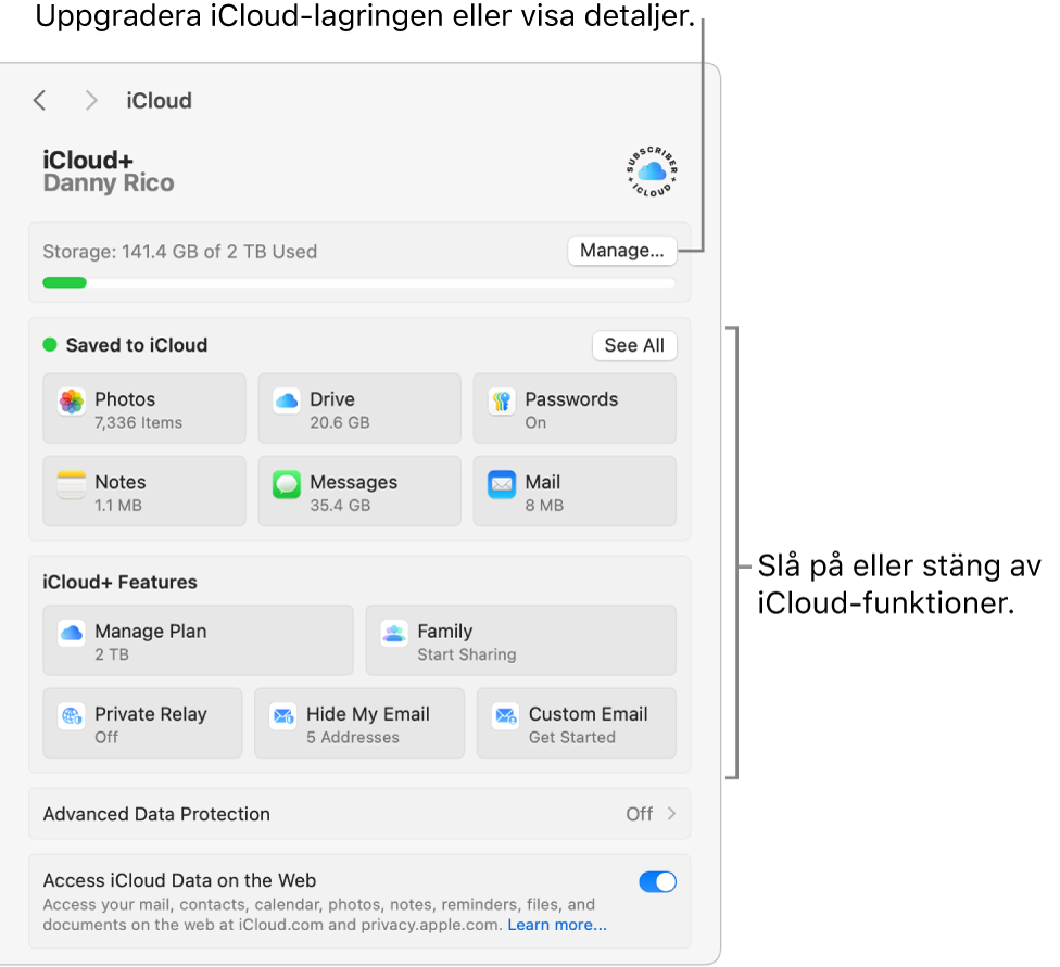 iCloud-inställningarna med alla funktioner igång.