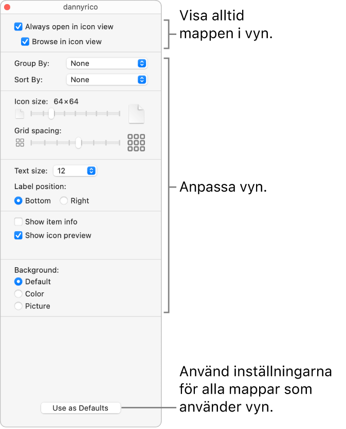 Alternativ för symbolvyn för en mapp.