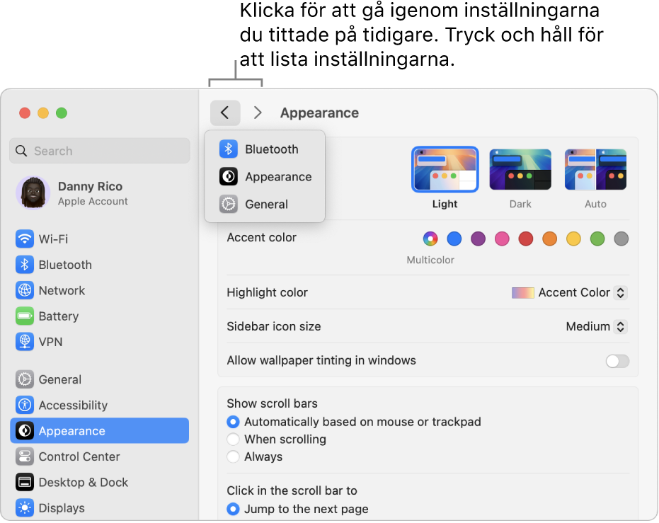 Fönstret Systeminställningar visar de senast öppnade inställningarna nedanför tillbakaknappen.