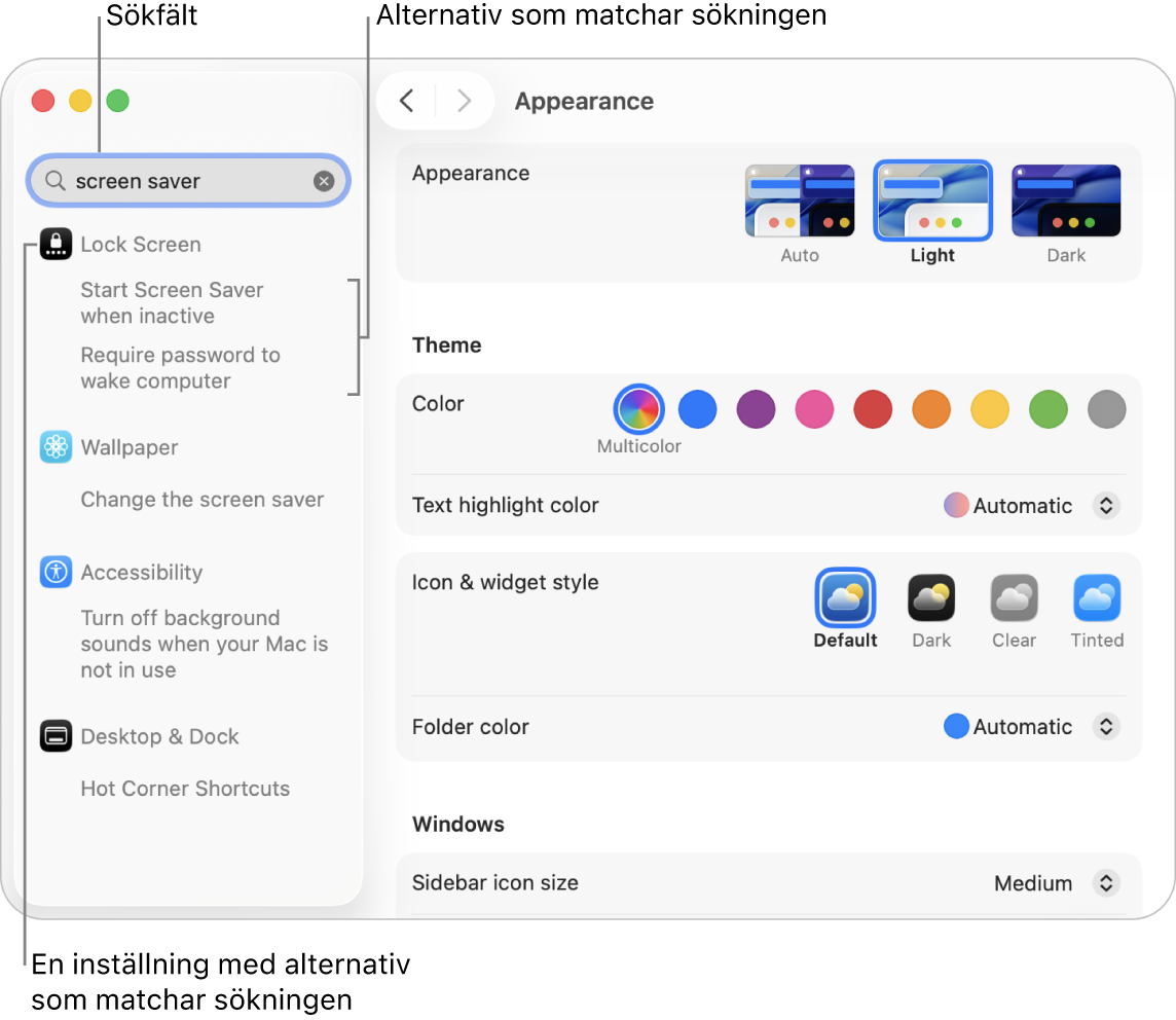 Fönstret Systeminställningar som visar ”skärmsläckare” i sökfältet och en lista med matchande sökträffar nedanför sökfältet.