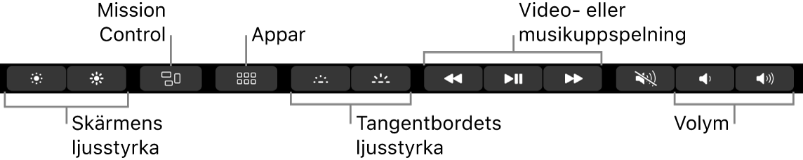 Knapparna i utvidgade Control Strip är, från vänster till höger, bildskärmsljusstyrka, Mission Control, Appar, tangentbordets ljusstyrka, uppspelningsreglage för video och musik och volym.