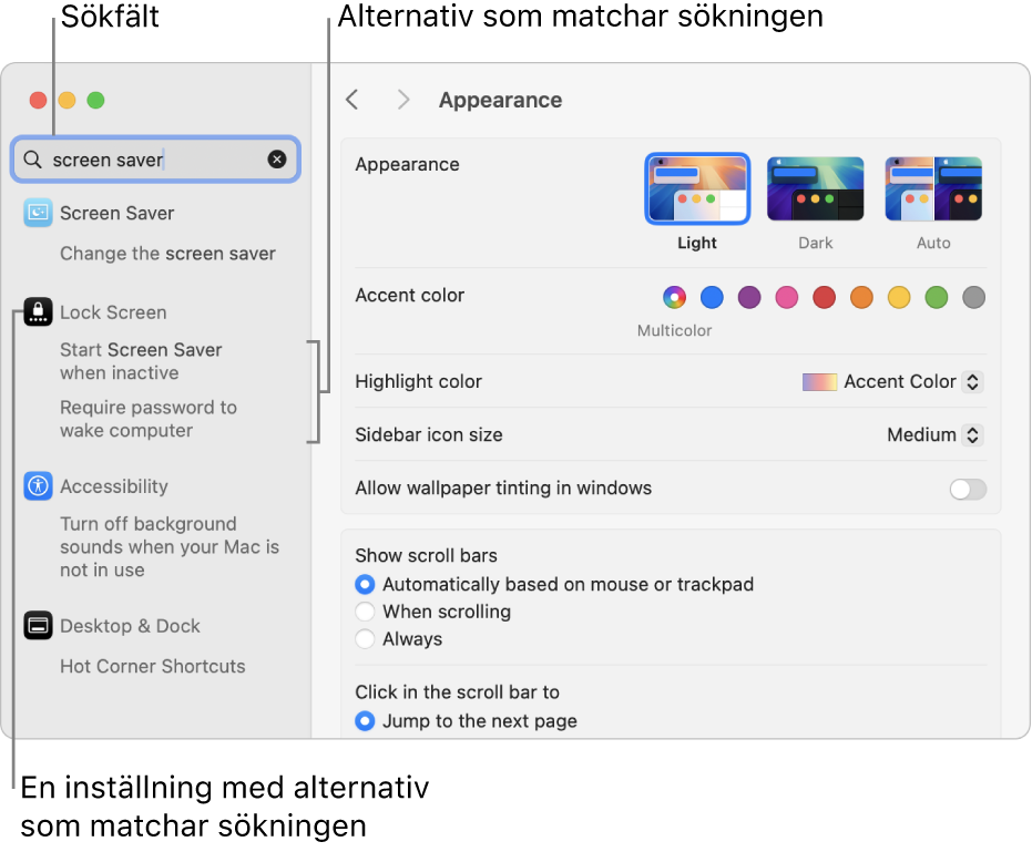 Fönstret Systeminställningar som visar ”skärmsläckare” i sökfältet och en lista med matchande sökträffar nedanför sökfältet.