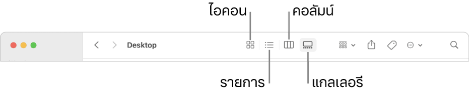 ด้านบนสุดของหน้าต่าง Finder ที่แสดงปุ่มตัวเลือกมุมมองสำหรับโฟลเดอร์