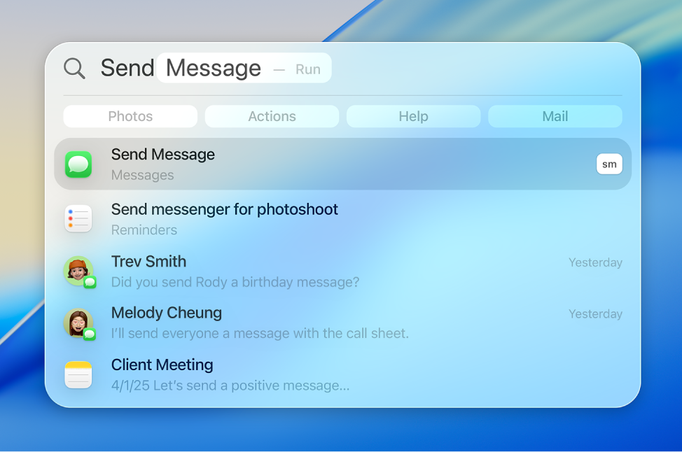 คำขอค้นหาโดย Spotlight พร้อมผลการค้นหาที่ด้านล่างช่องค้นหา