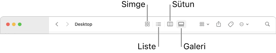 Bir Finder penceresinin, klasör için görüntü seçeneği düğmelerini gösteren üst bölümü.