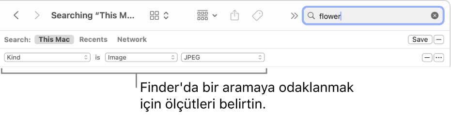 Arama ölçütü belirtme alanlarını gösteren Finder penceresi.