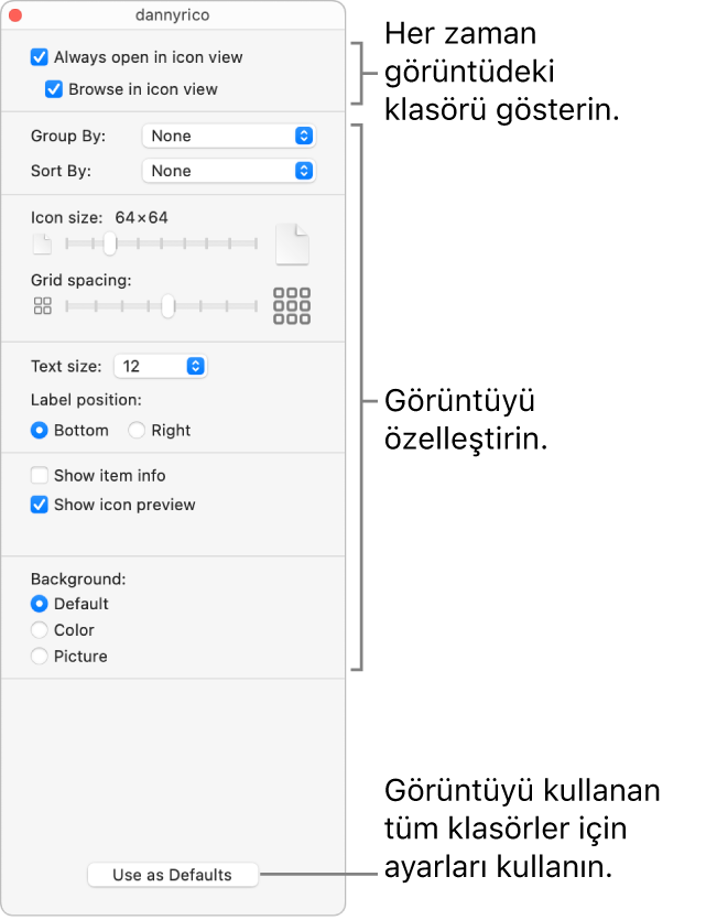 Klasör için simge görüntüsü seçenekleri.