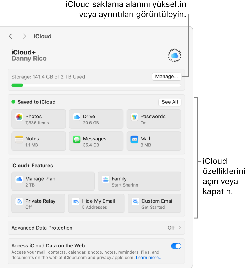 Tüm özelliklerin açıldığı iCloud ayarları.
