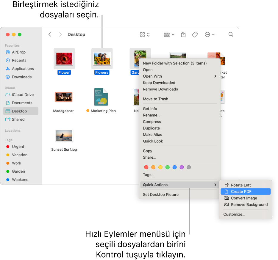 Dosyalar ve klasörler içeren bir Finder penceresi; üç dosya seçili ve Hızlı Eylemler menüsünde PDF Yarat vurgulanıyor.