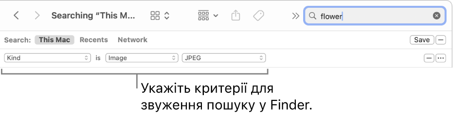 Вікно Finder із полями для введення критеріїв пошуку.
