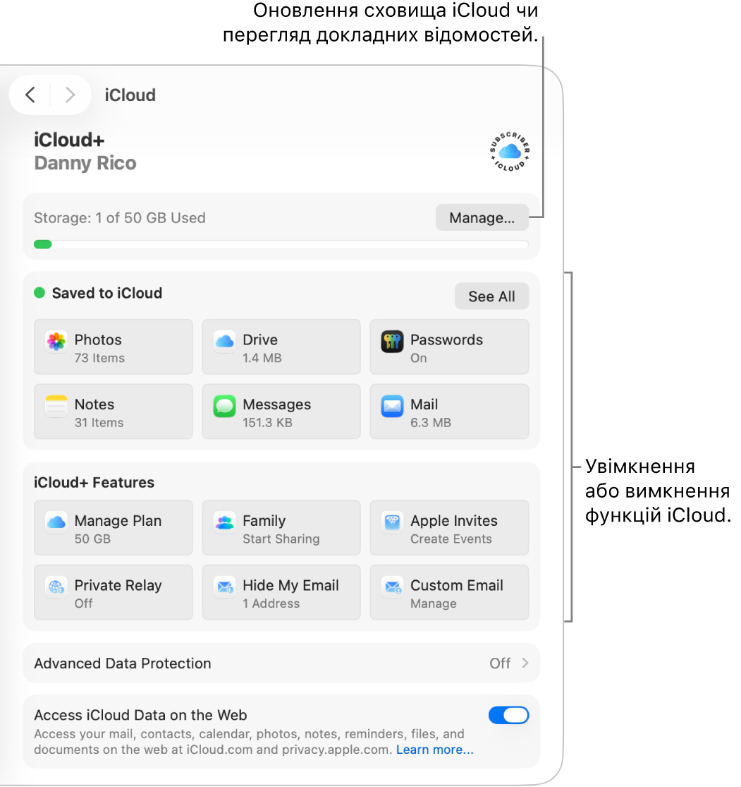 Параметри iCloud для найпоширеніших функцій.