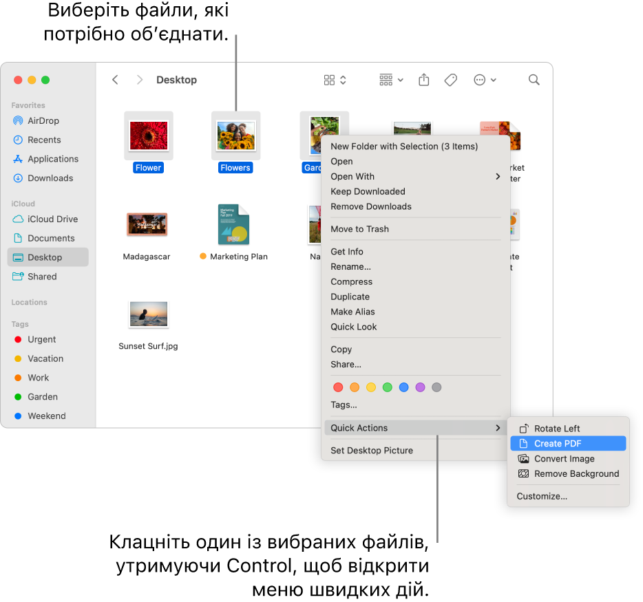 Вікно Finder із файлами та папками, у якому вибрано три файли, а також у меню швидких дій виділено команду «Створити PDF».