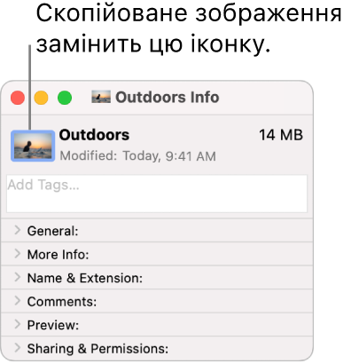 Інформаційне вікно для папки, звичайна іконка замінена зображенням.