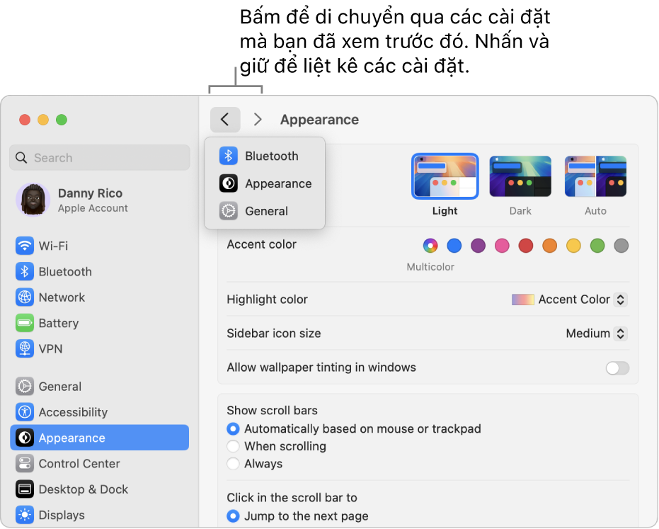 Cửa sổ Cài đặt hệ thống đang hiển thị các cài đặt đã xem gần đây bên dưới nút Quay lại.