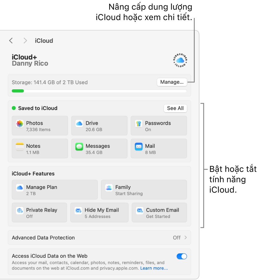 Cài đặt iCloud với tất cả các tính năng được bật.