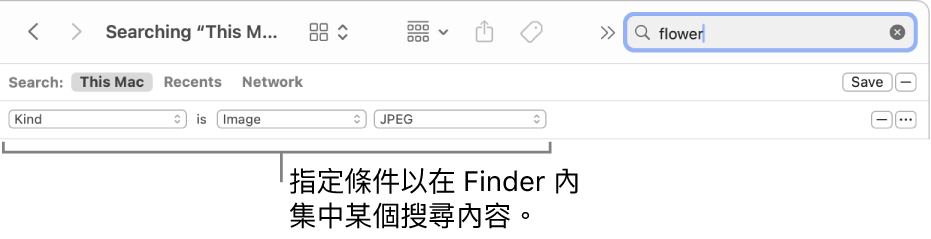 Finder 視窗，含有指定搜尋規則的欄位。