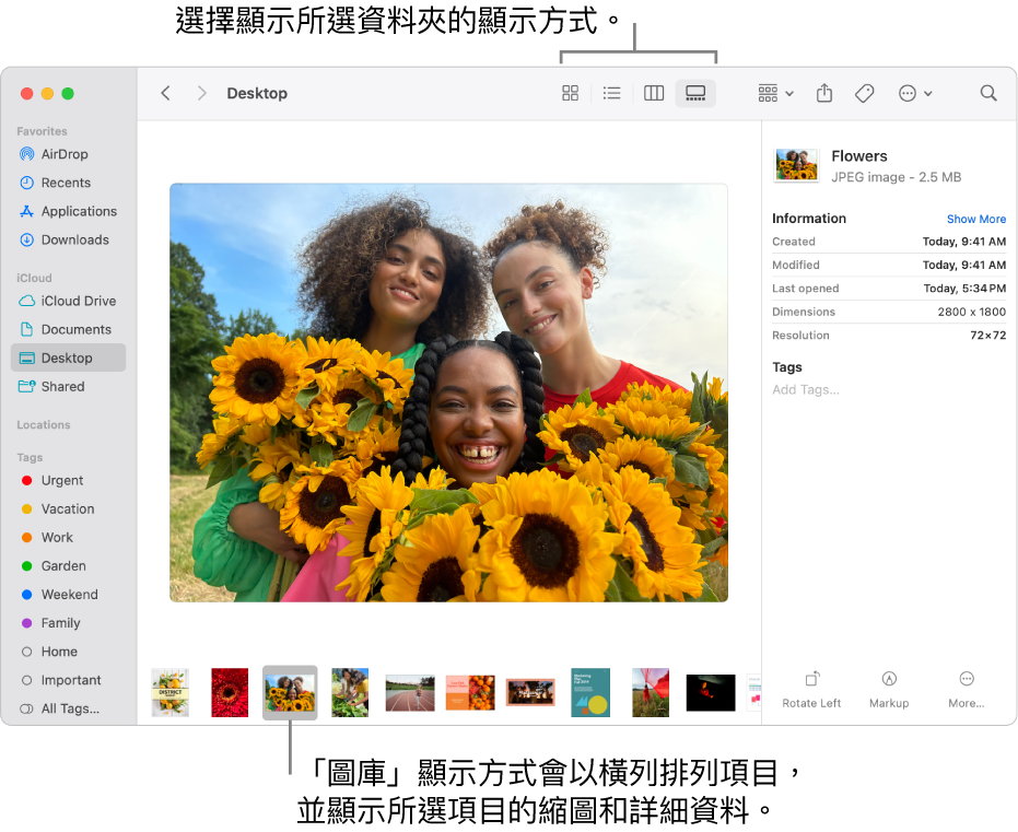 Finder 視窗，左側顯示 Finder 側邊欄，視窗的底部顯示一個已選取的影像檔案。 中間為「預覽」面板，面板顯示影像外觀，其下方顯示影像詳細資料，右邊則為「快速動作」按鈕。
