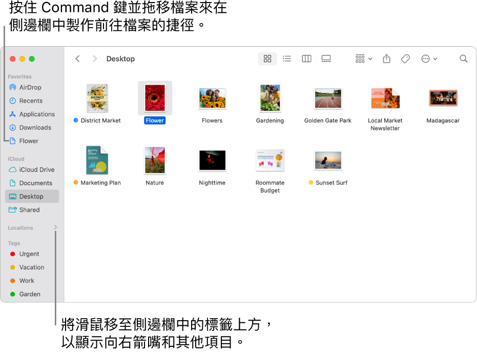 Finder 側邊欄中「位置」的右側有一個箭嘴,可以按一下它來顯示其他項目。 在右側的 Finder 視窗中,已選取一個檔案,然後在側邊欄中會有前往檔案的捷徑(位於「喜好項目」下方)。