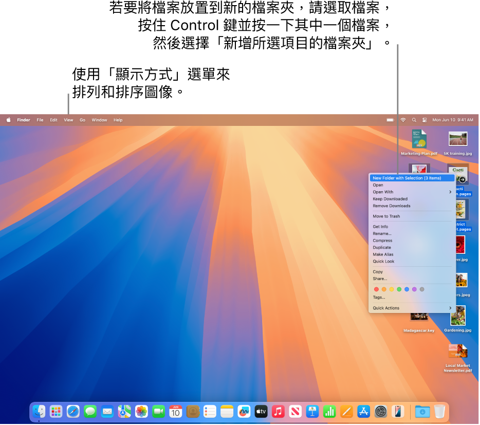 桌面顯示檔案和檔案夾。選取了多個檔案要放在新檔案夾中。按住 Control 鍵並按一下所選檔案後顯示彈出式選單,選取了「新增所選項目的檔案夾」。