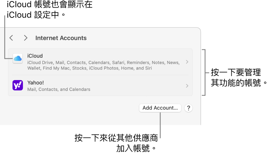 「網際網路帳號」設定列出在 Mac 上設定的帳號。