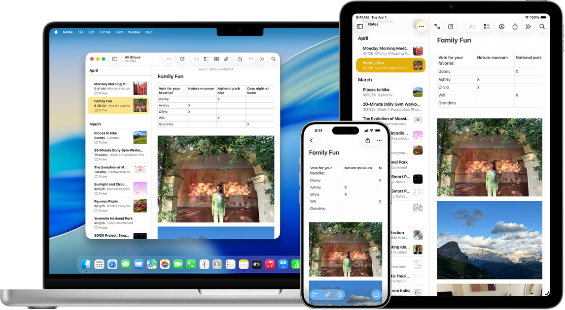 相同的備忘錄顯示在 Mac、iPhone 和 iPad 上。