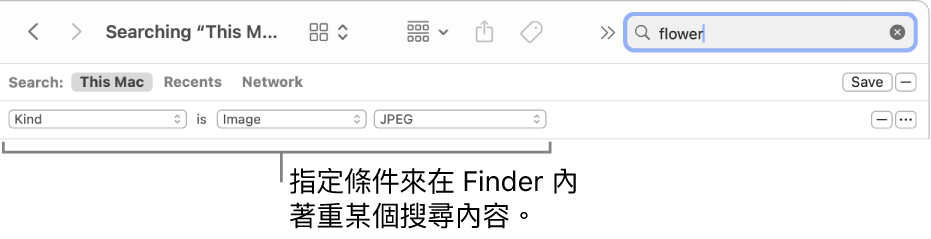 Finder 視窗，含有指定搜尋規則的欄位。