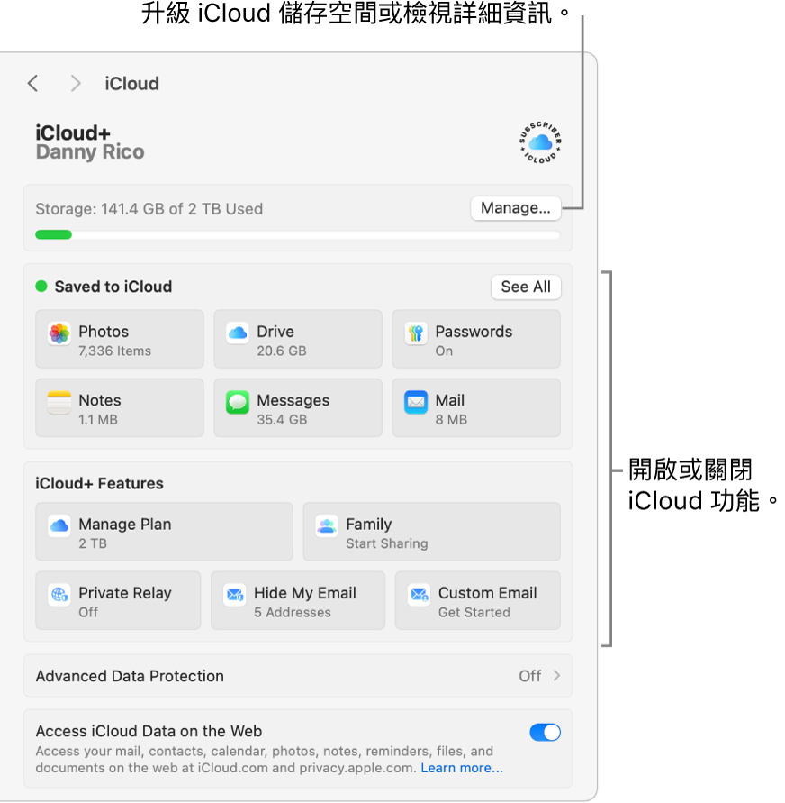 已開啟所有功能的 iCloud 設定。