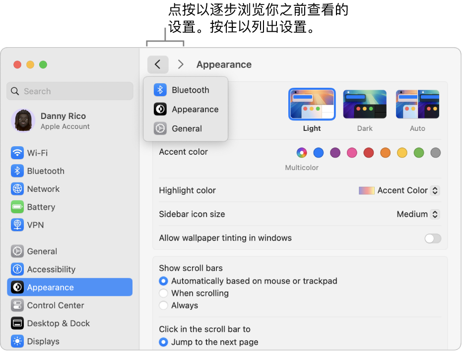 “系统设置”窗口在“返回”按钮下方显示最近查看过的设置。