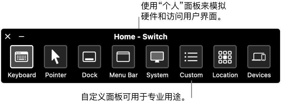 “切换控制”的“个人面板”,从左到右包括的按钮分别用于控制键盘、指针、程序坞、菜单栏、系统控制、自定义面板、屏幕定位和其他设备。