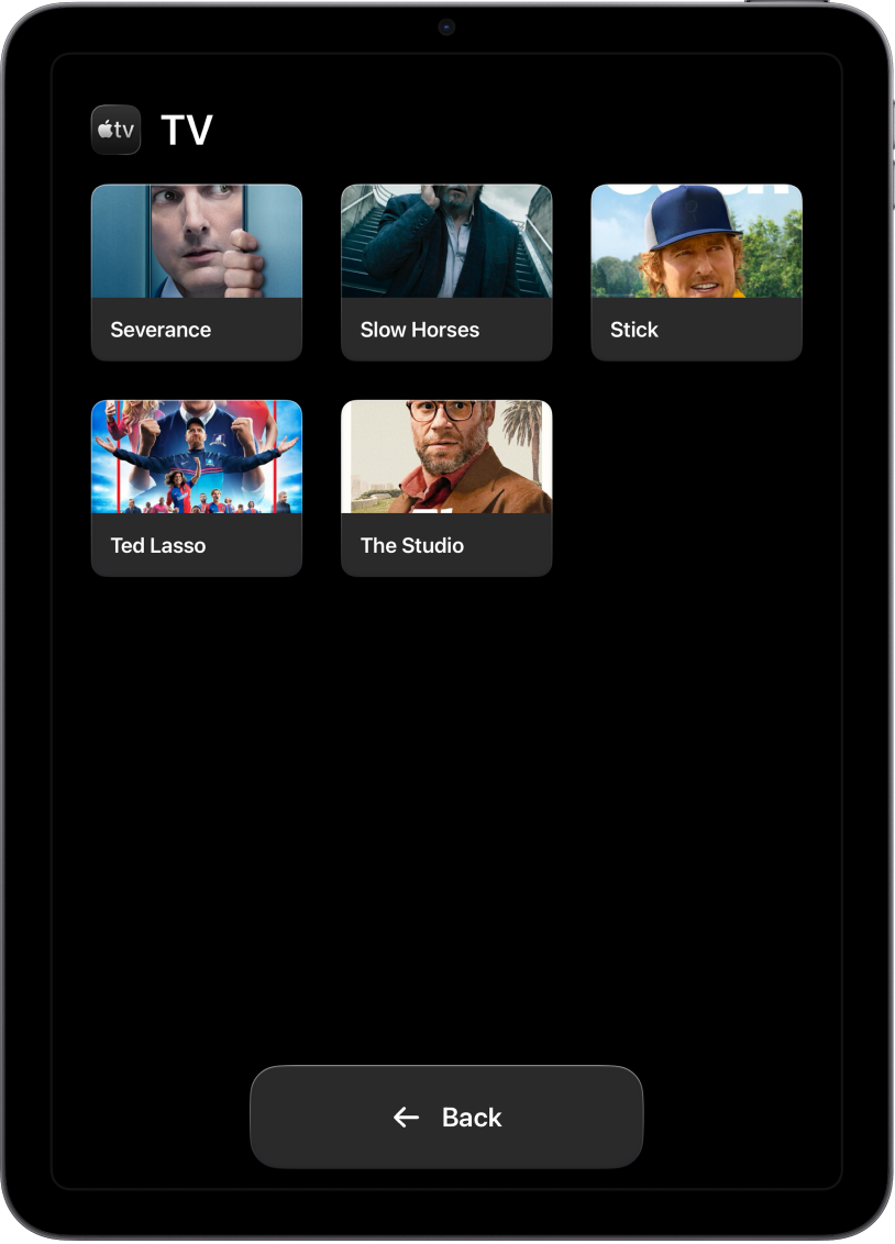 An iPad in Assistive Access showing a large grid of Apple TV shows with the Back button at the bottom.