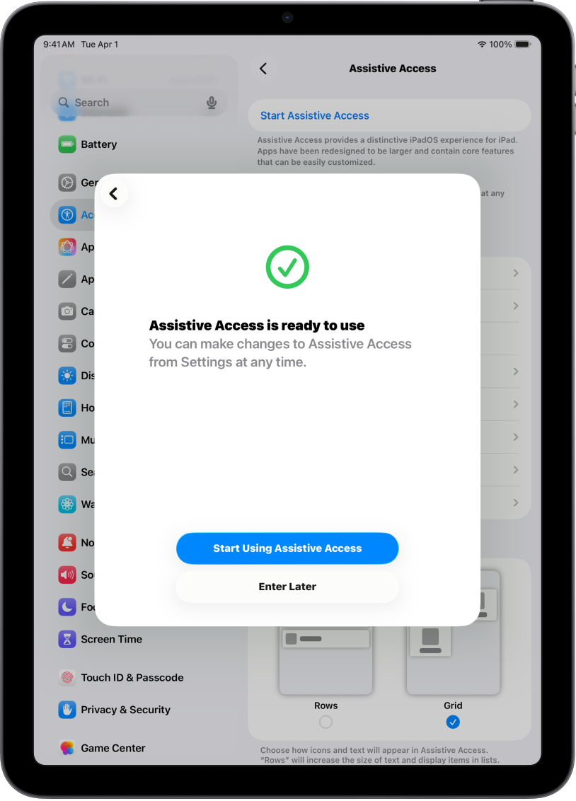 An iPad showing that Assistive Access is ready to use with a button at the bottom to enter Assistive Access.