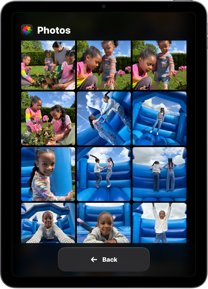 An iPad in Assistive Access showing a large grid of photos.