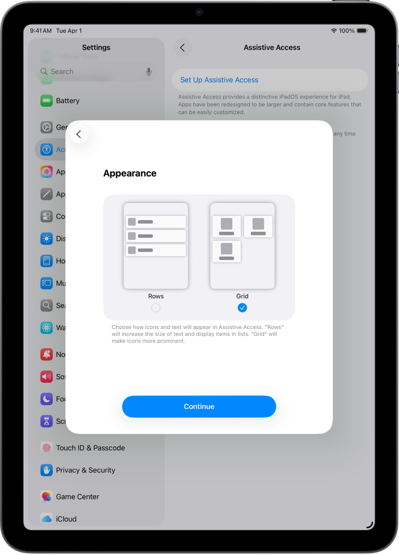 An iPad being set up for Assistive Access, with choices for displaying content in easily readable lists, or in a large grid that emphasizes images and icons.