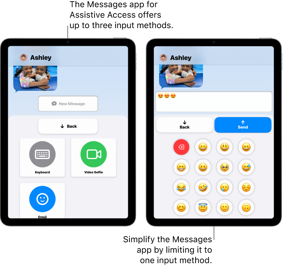 Two iPad screens in Assistive Access. One iPad shows the Messages app with input methods for the user to choose from, like Keyboard or Video Selfie. The other shows a message being sent using an emoji-only keyboard.