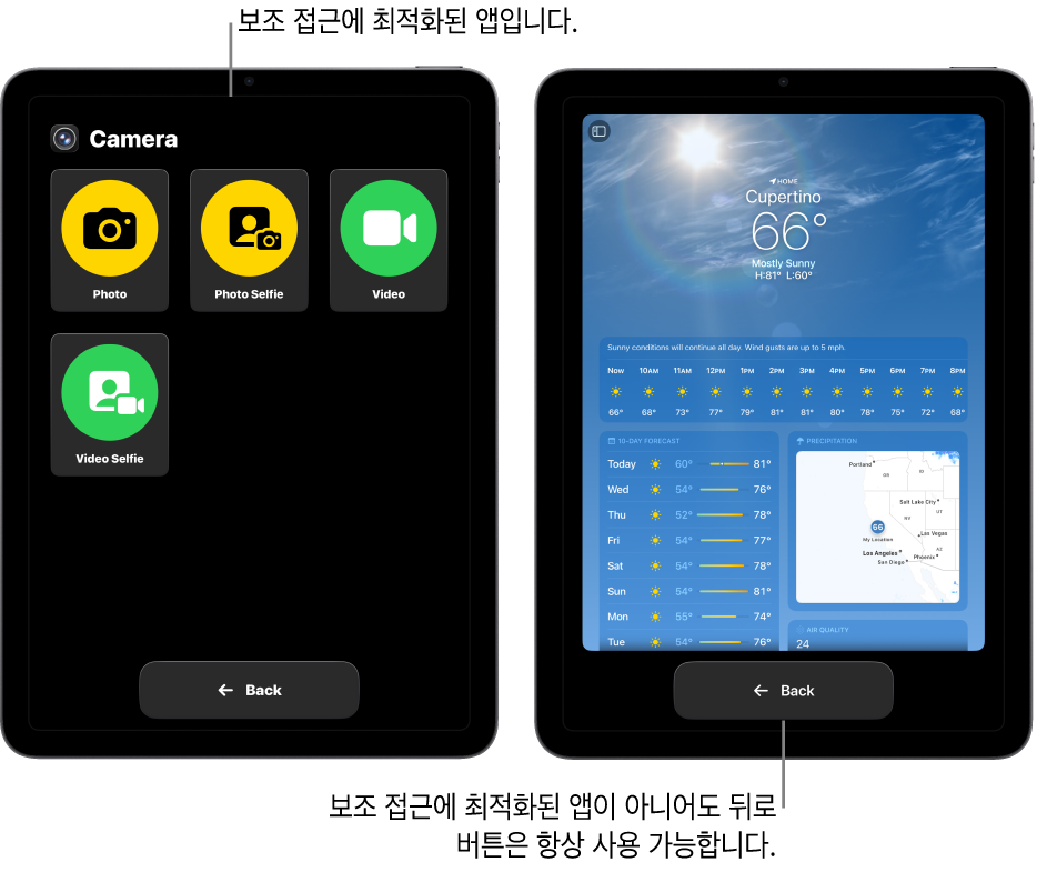 보조 접근을 사용 중인 두 개의 iPad 화면. 한 iPad에 보조 접근을 위해 디자인된 앱이 표시되어 있으며 버튼이 큰 격자로 나타남. 다른 iPad에는 보조 접근을 위해 제작되지 않은 앱이 원래 디자인으로 표시됨. 앱이 화면에 작게 표시되며 하단에 커다란 뒤로 버튼이 있음.