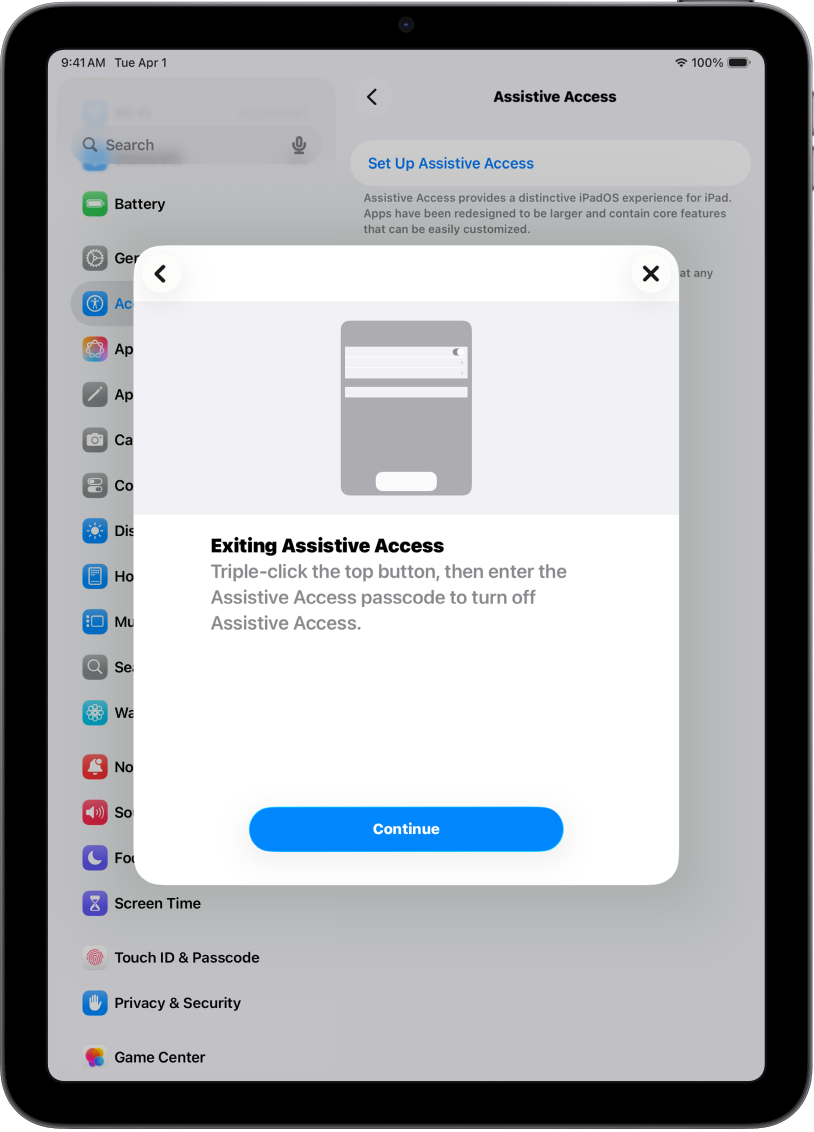 Een iPad met een scherm waarop wordt uitgelegd hoe je hulpbedieningstoegang stopt.